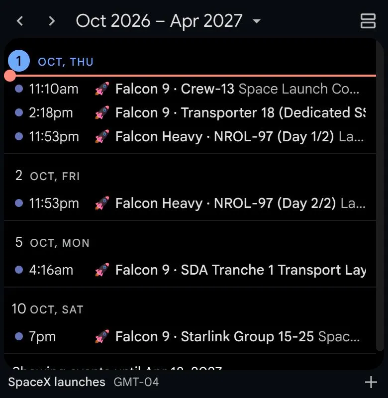 Google Calendar schedule on a phone listing upcoming Falcon 9 and Falcon Heavy launches with their local times.