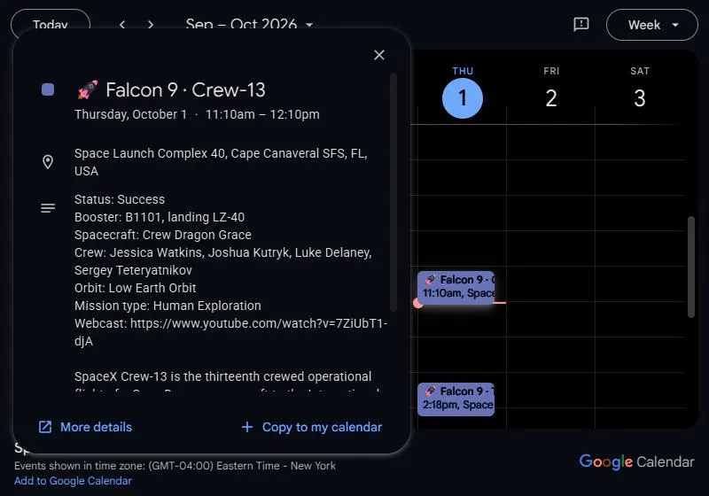 Google Calendar showing the Falcon 9 Crew-13 event: launch time, pad, status, booster, spacecraft, crew, orbit and webcast link.