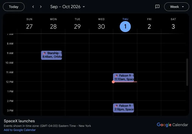 Google Calendar week view with Starship and Falcon 9 launches as one-hour events.